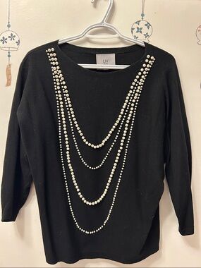 Milano Black Sweater with Faux Pearl Bead Chains